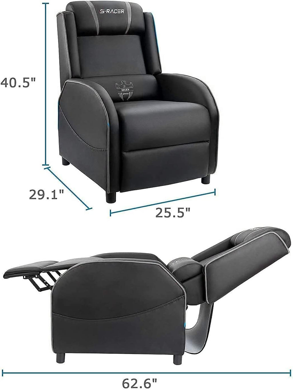 Homall Massage Gaming Recliner Chair, Racing Style Gaming Sofa, PU Leather Home Theater Seat, Living Room Ergonomic Comfortable Gamer Lounge(Grey)