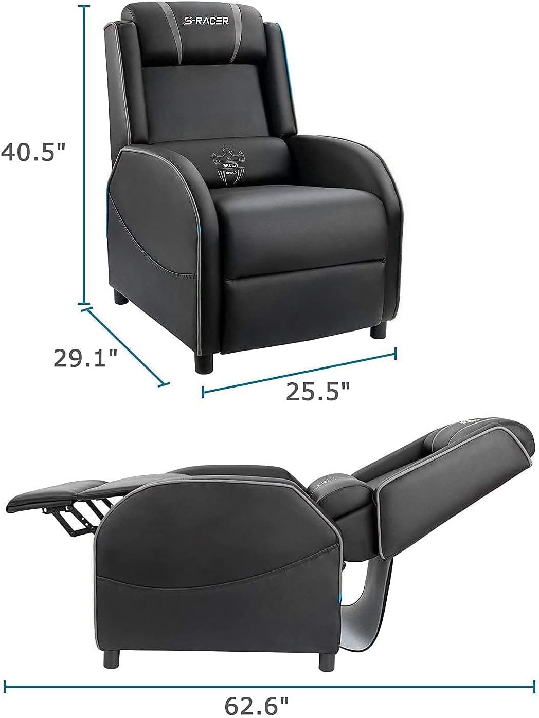 Homall Massage Gaming Recliner Chair, Racing Style Gaming Sofa, PU Leather Home Theater Seat, Living Room Ergonomic Comfortable Gamer Lounge(Grey)