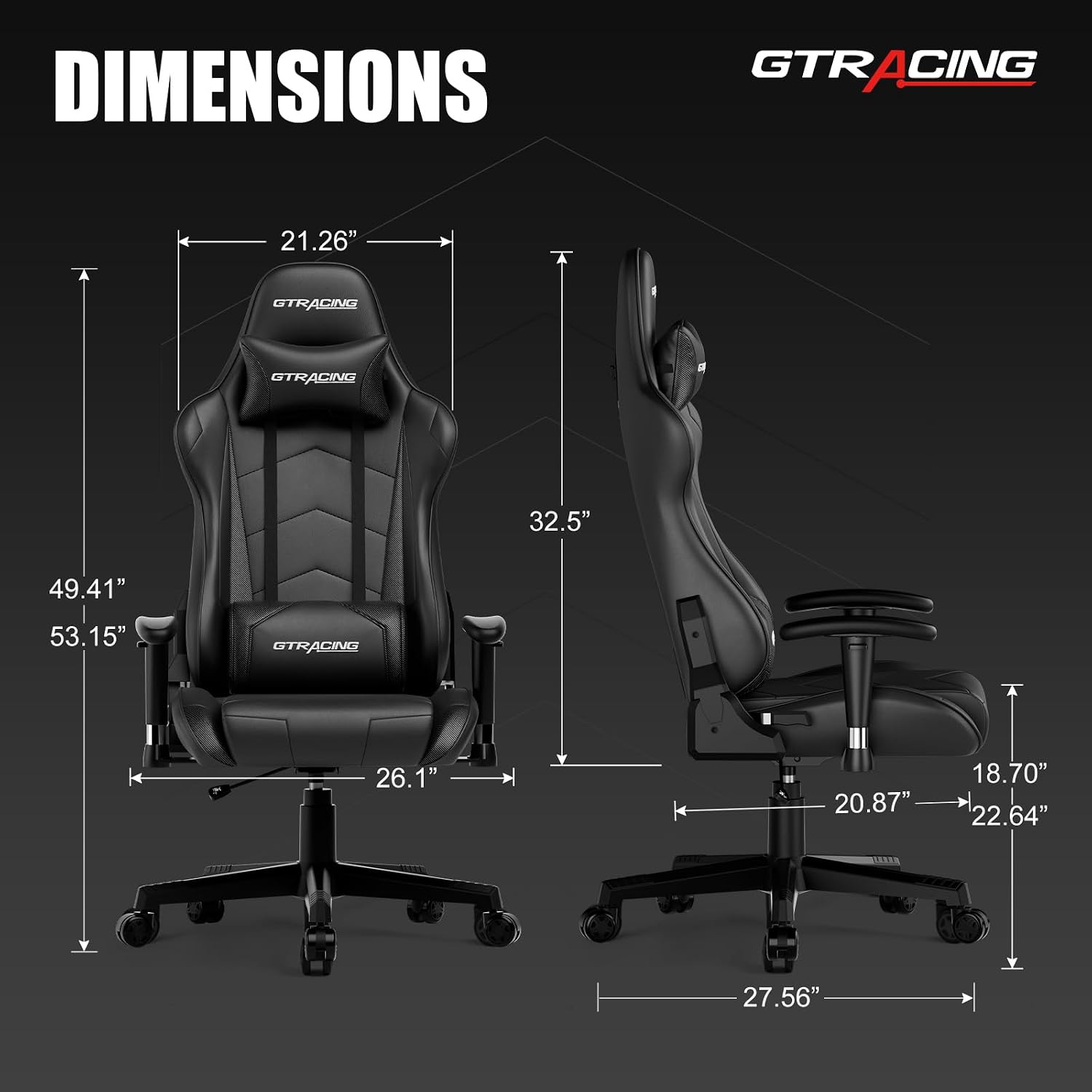 GTRACING Gaming Chair Racing Office Computer Ergonomic Video Game Chair Backrest and Seat Height Adjustable Swivel Recliner with Headrest and Lumbar Pillow Esports Chair (Dark Black)