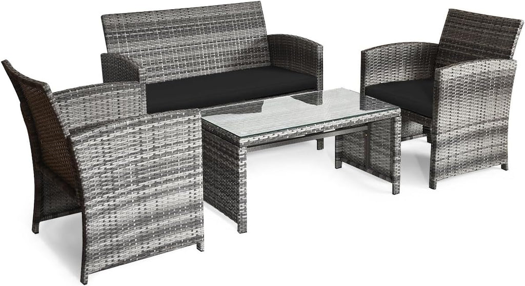 Giantex 4 Pc Patio Conversation Set, Rattan Loveseat & Patio Chairs with Cushioned Seat, Wicker Coffee Table, Outdoor Furniture Set for Front Porch Poolside Garden Lawn