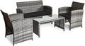 Giantex 4 Pc Patio Conversation Set, Rattan Loveseat & Patio Chairs with Cushioned Seat, Wicker Coffee Table, Outdoor Furniture Set for Front Porch Poolside Garden Lawn