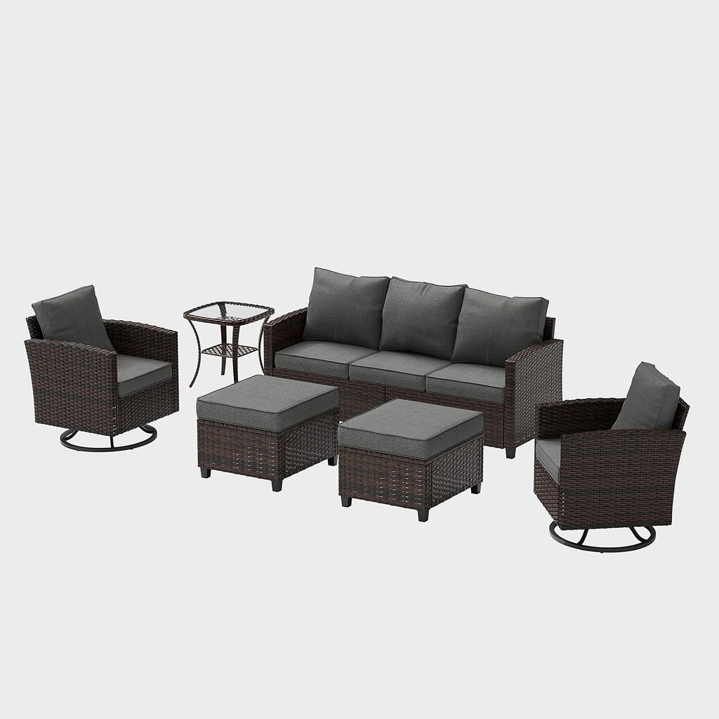 UDPATIO Patio Furniture Set, 6 Pieces Outdoor Sectional Couch with Swivel Rocking Chair, Brown Wicker Rattan Conversation Sofa, 4' Thick Cushion for Garden Backyard Deck, Dark Grey