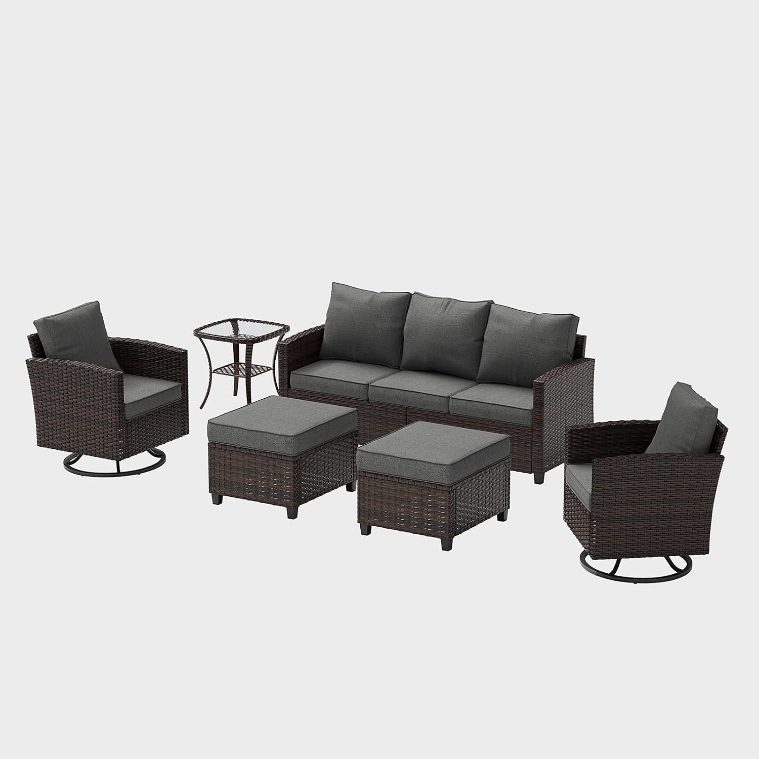 UDPATIO Patio Furniture Set, 6 Pieces Outdoor Sectional Couch with Swivel Rocking Chair, Brown Wicker Rattan Conversation Sofa, 4' Thick Cushion for Garden Backyard Deck, Dark Grey