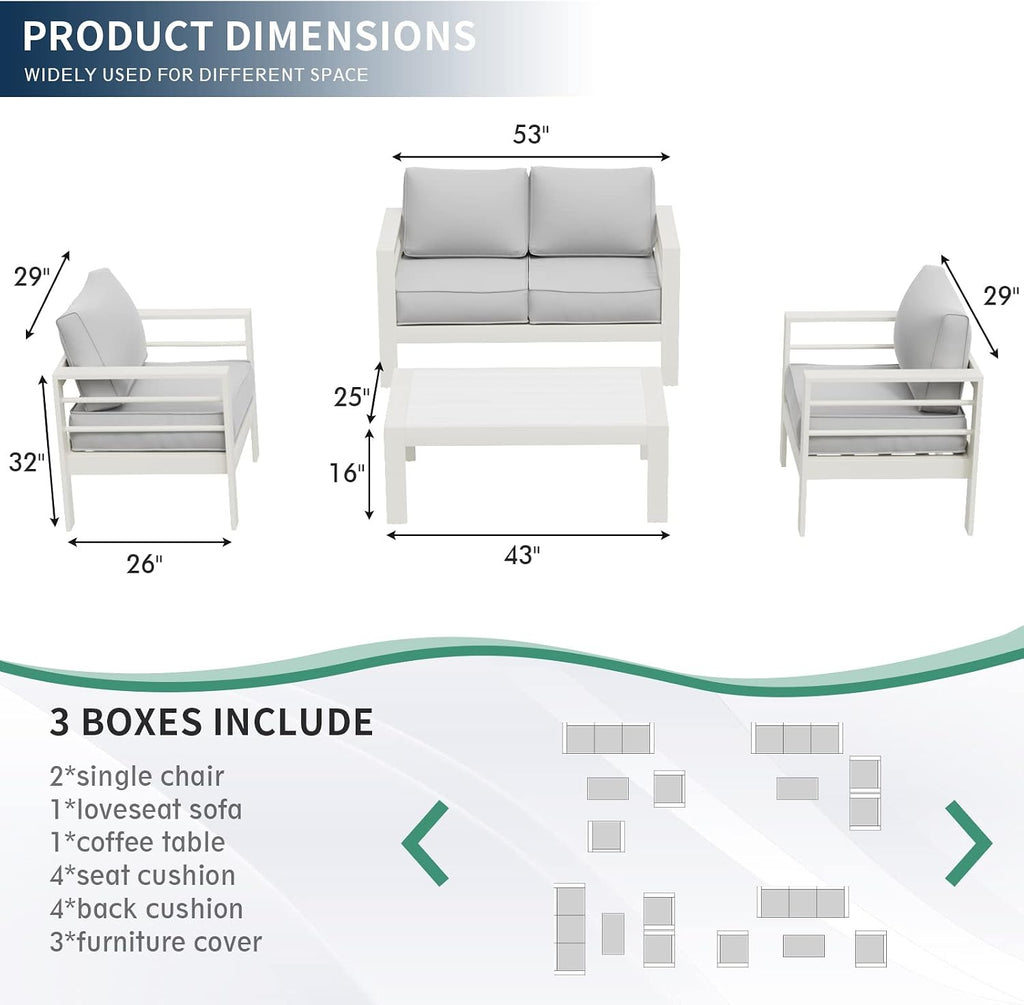Amopatio Aluminum Patio Furniture, 5 Pcs Metal Modern Outdoor Patio Furniture Set, Outdoor Sectional Sofa for Balcony, Garden, White (Included Waterproof Covers)