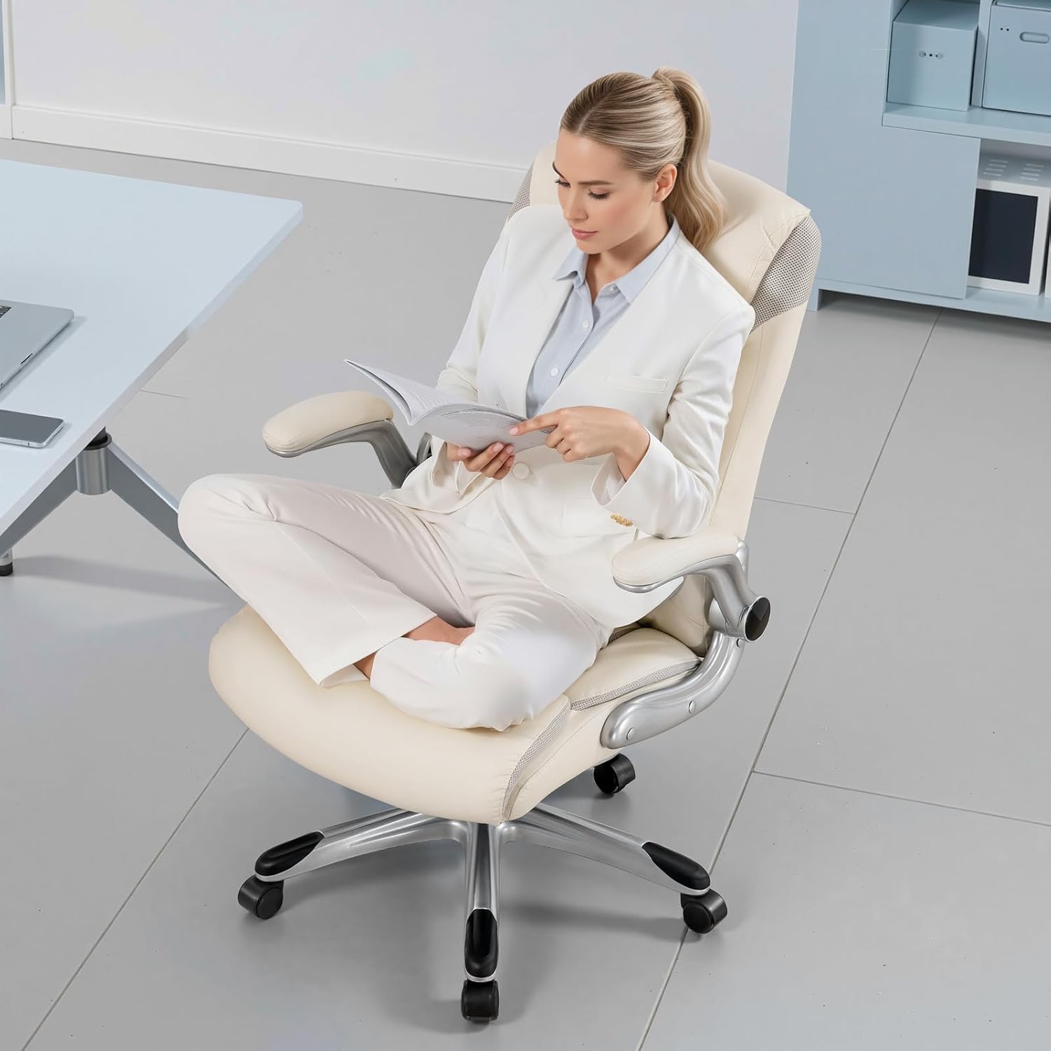 GTPLAYER Big and Tall High Back Office Chair 400LBS Wide Leather Executive Chair Height Adjustable Lumbar Support & Armrests, Comfy Desk Gaming Chairs Computer Swivel Chair, Cream