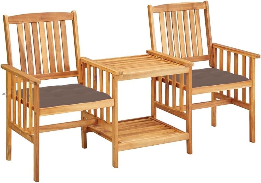 vidaXL Farmhouse Style Patio Chairs with Tea Table Set, Solid Acacia Wood Outdoor Bistro Furniture with Comfortable Cushions - Taupe