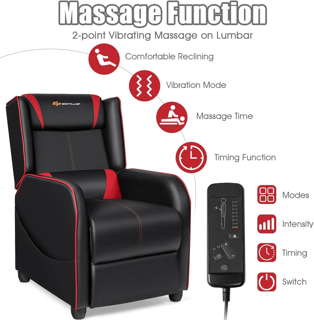 Goplus Massage Gaming Recliner Chair, Racing Style PU Leather Single Recliner Sofa with Footrest, Adjustable Modern Living Room Recliners, Ergonomic Home Theater Recliner Seat (Red)