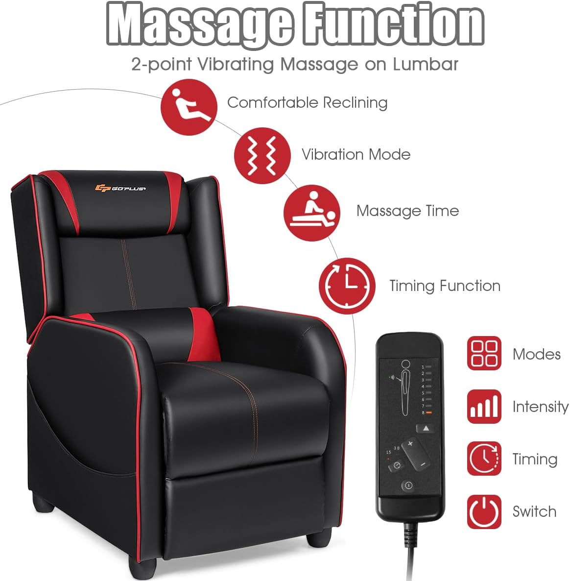 Goplus Massage Gaming Recliner Chair, Racing Style PU Leather Single Recliner Sofa with Footrest, Adjustable Modern Living Room Recliners, Ergonomic Home Theater Recliner Seat (Red)