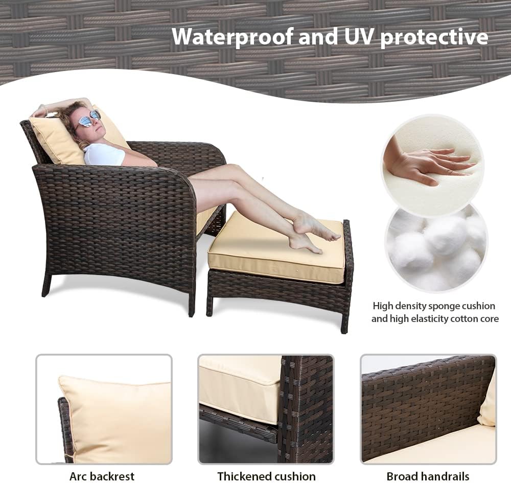 LEVELEVE Balcony Furniture 5 Piece Patio Conversation Set, PE Wicker Rattan Outdoor Lounge Chairs with Soft Cushions 2 Ottoman&Glass Table for Porch, Lawn-Brown Wicker
