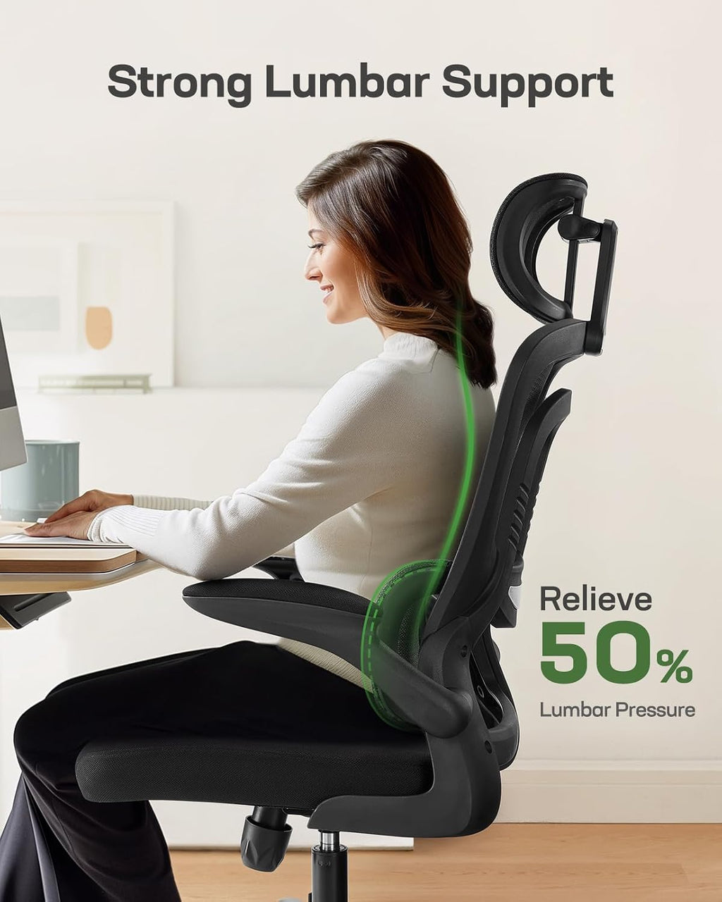 Marsail Office Chair Ergonomic-Desk Chair: High Back Mesh Office Chair with Lumbar Support,Flip-Up Armrests&2D Headrest,Gaming Chair with Rocking Tilt, Swivel Computer Task Chair for Long Hours