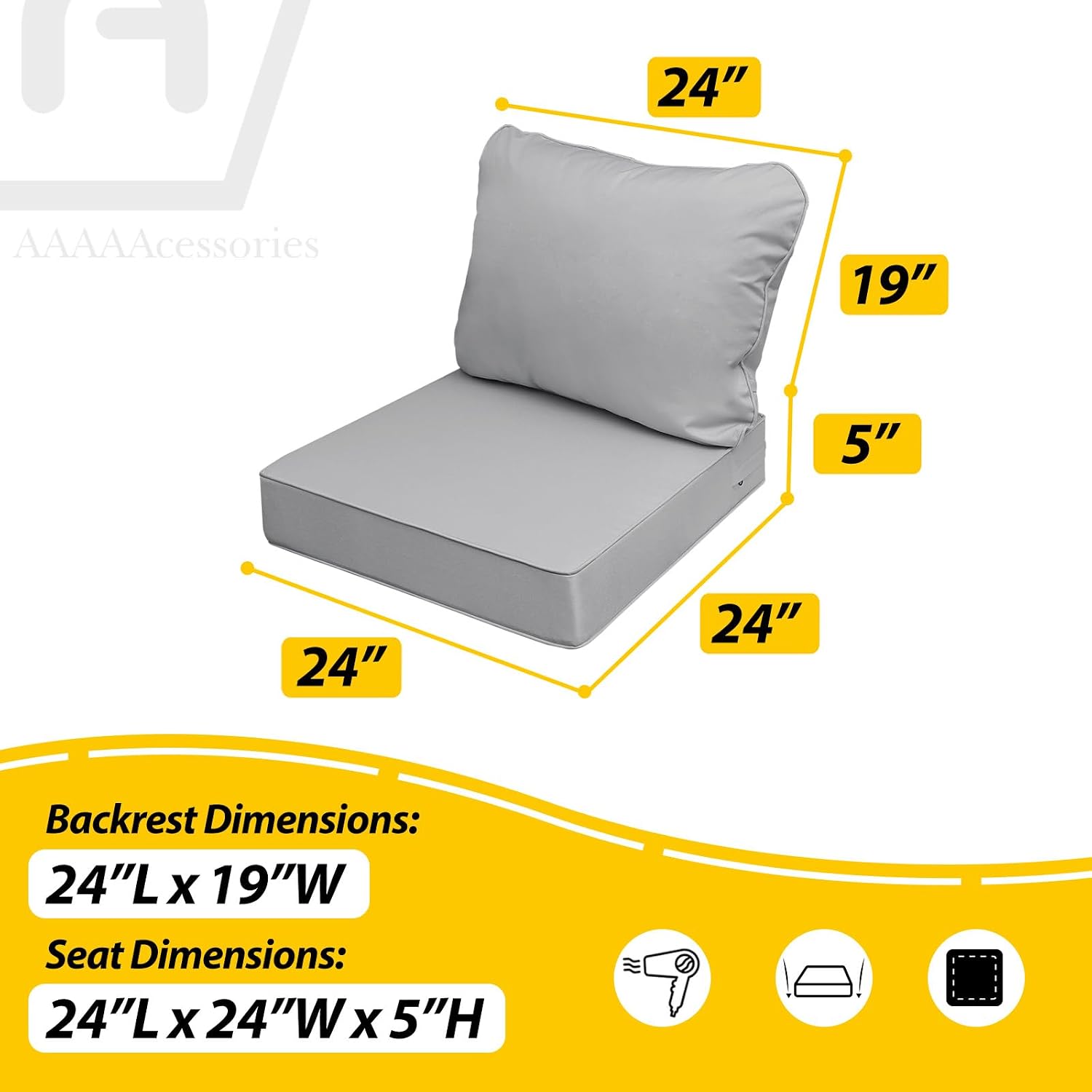 AAAAAcessories Outdoor Deep Seat Cushions, Waterproof, Fade-Resistant Patio Furniture Replacement Cushions, 24' x 24' x 5', Set of 4, Gray