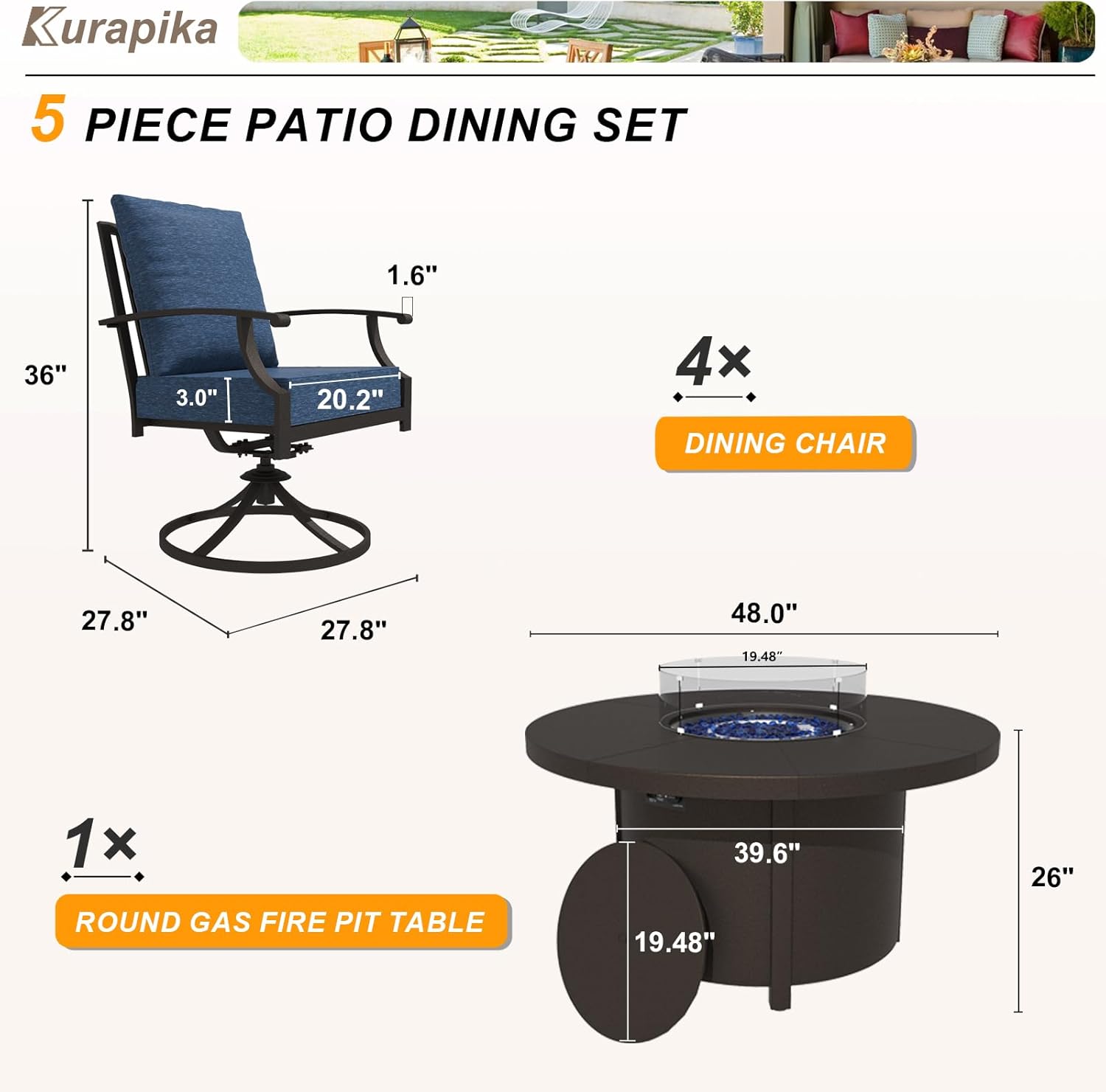 Kurapika 5 Piece Metal Moden Outdoor Patio Furniture Set with Round Fire Pit Table, Patio Conversation Sets 4 Swivel Chairs with Thick Cushion and 40000 BTU Fire Pit Table, for Yard Deck, Navy Blue
