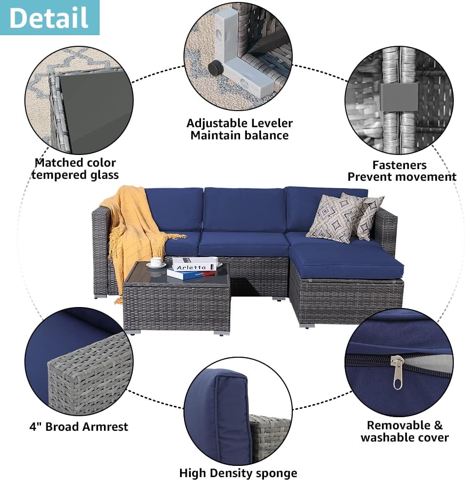 Patiorama 5 Piece Outdoor Patio Furniture Set, Outdoor Sectional Conversation Set, All-Weather Grey PE Wicker w/Navy Blue Cushions, Outdoor Backyard Porch Garden Poolside Balcony Furniture Set