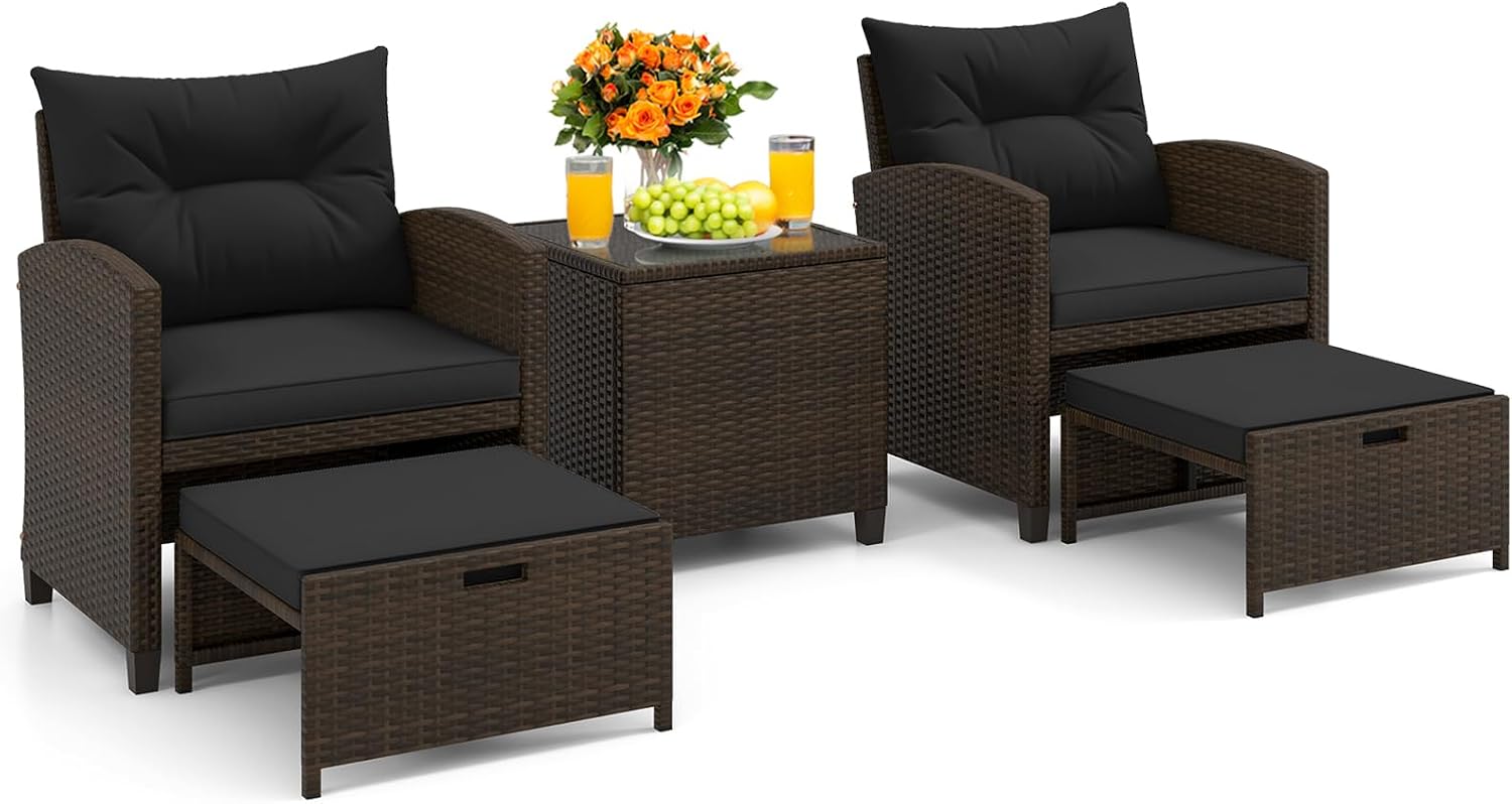 KOTEK 5 Pieces Patio Furniture Set with Ottomans, Wicker Patio Conversation Set with Coffee Table & Cushions, PE Rattan Outdoor Lounge Chairs for Backyard, Porch, Poolside (Mix Brown- Black)