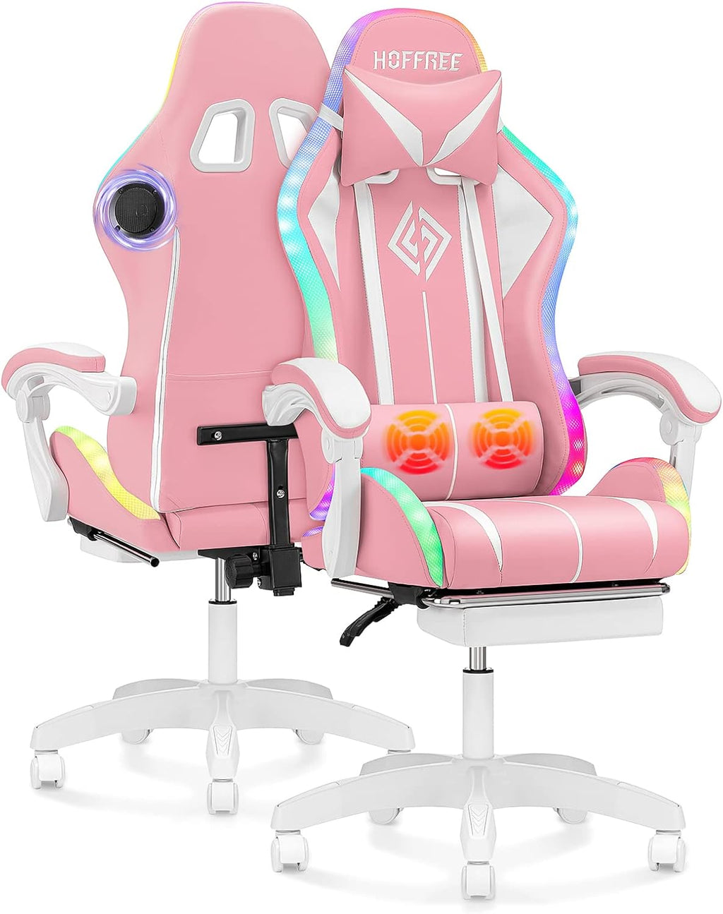 VANSPACE Computer Gaming Chair Pink with Bluetooth Speakers and RGB LED Lights for Girls Massage Chair with Footrest Cute Video Game Chairs High Back with Lumbar Support and Headrest Pink and White