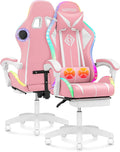 VANSPACE Computer Gaming Chair Pink with Bluetooth Speakers and RGB LED Lights for Girls Massage Chair with Footrest Cute Video Game Chairs High Back with Lumbar Support and Headrest Pink and White