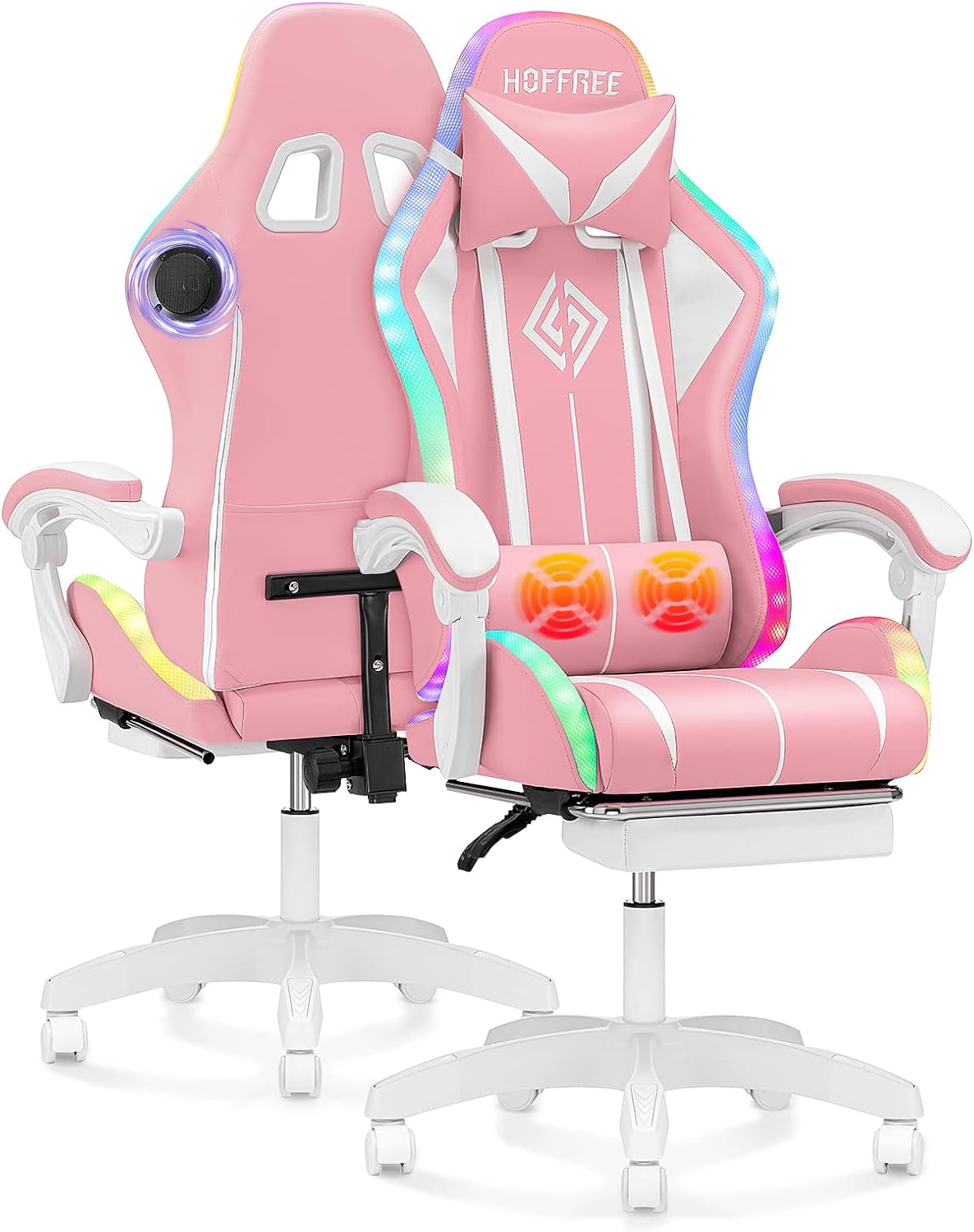 VANSPACE Computer Gaming Chair Pink with Bluetooth Speakers and RGB LED Lights for Girls Massage Chair with Footrest Cute Video Game Chairs High Back with Lumbar Support and Headrest Pink and White