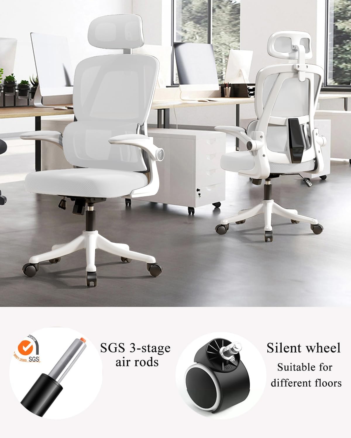 Office Chair Mesh Desk Chair, Ergonomic High-Back Rolling Gaming Work Chairs with Wheels and Adjustable Headrests,Comfortable Flip-up Arms for Home,Bedroom,Study Gaming
