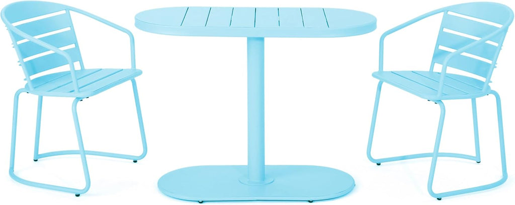 Christopher Knight Home Adley Outdoor Bistro Set, 3-Piece Bistro Table and Chair Set of 2, Patio Furniture Set with Iron Frame, Outdoor Bistro Dining Set, Poolside/Garden Cafeteria, Matte Light Blue