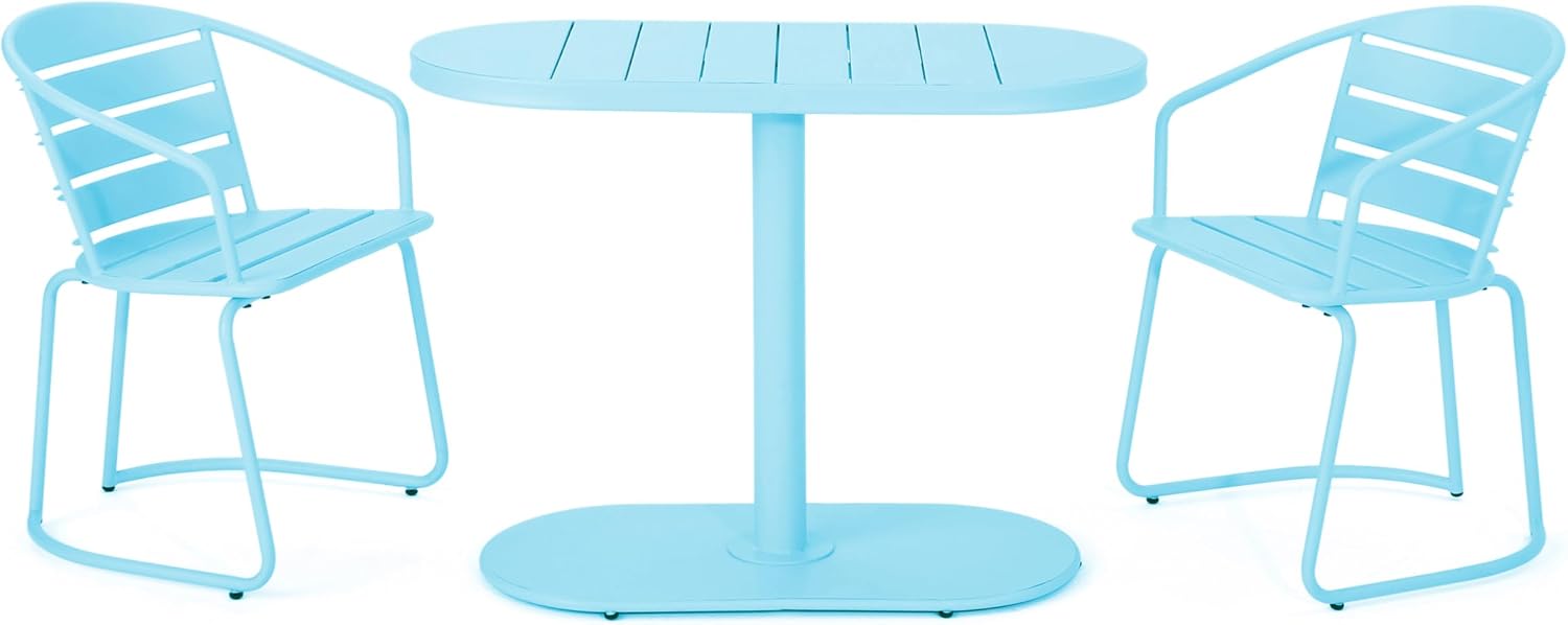 Christopher Knight Home Adley Outdoor Bistro Set, 3-Piece Bistro Table and Chair Set of 2, Patio Furniture Set with Iron Frame, Outdoor Bistro Dining Set, Poolside/Garden Cafeteria, Matte Light Blue