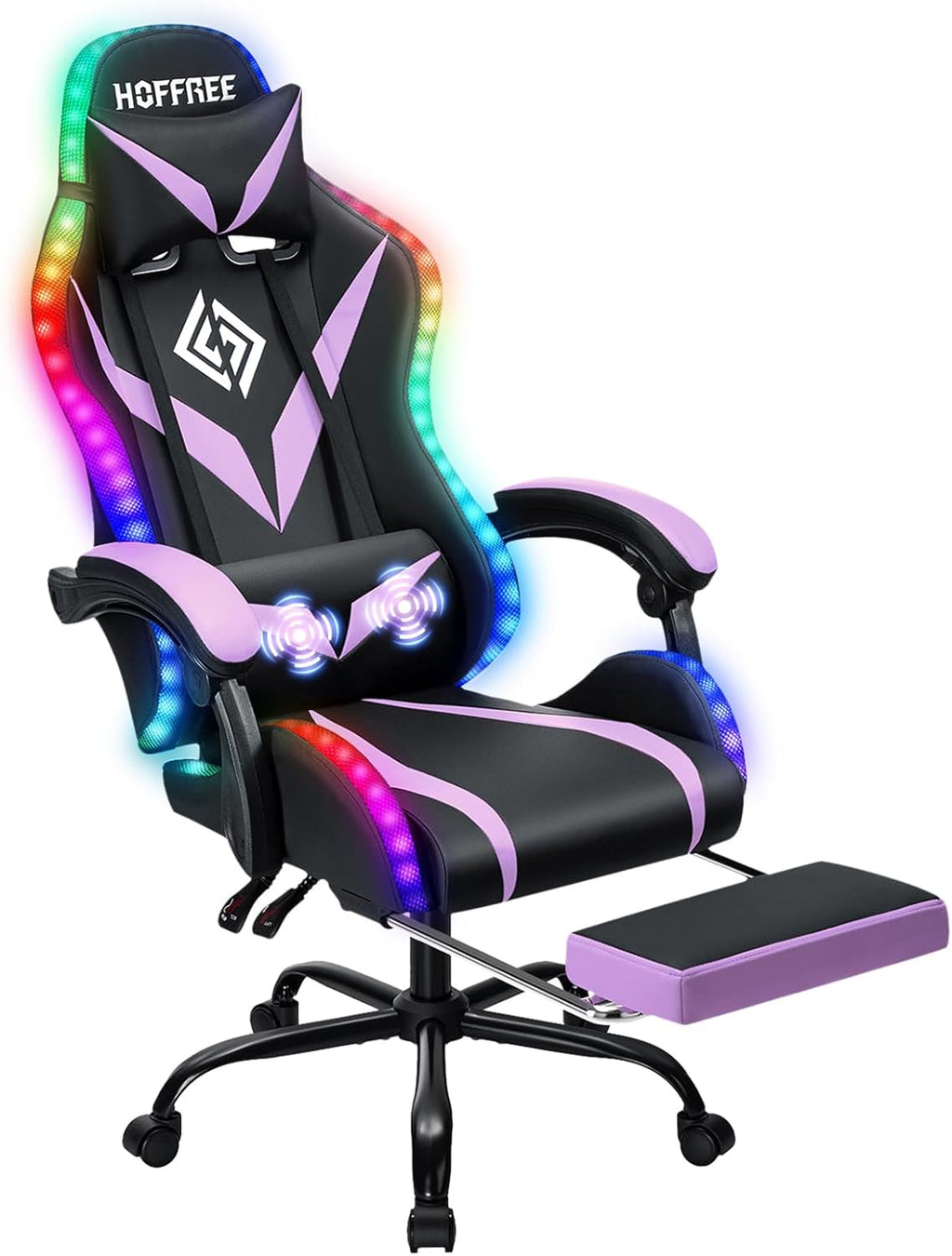 RGB Gaming Chair with Massage and LED Lights Ergonomic Computer Chair with Footrest Reclining High Back Video Game Chair for Adults with Adjustable Lumbar Support Purple and Black