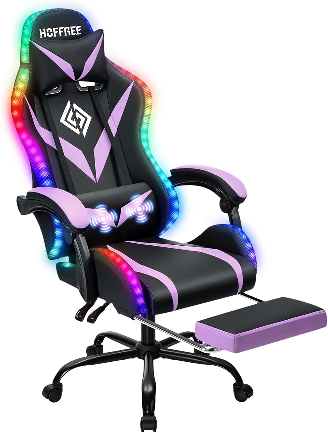 RGB Gaming Chair with Massage and LED Lights Ergonomic Computer Chair with Footrest Reclining High Back Video Game Chair for Adults with Adjustable Lumbar Support Purple and Black