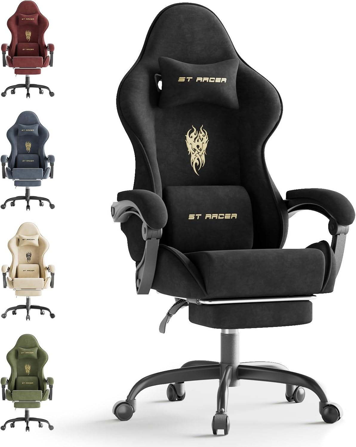 Huracan Velvet Fabric Racing Gaming Chair for Adults - Ergonomic Gamer Chair with Massage Lumbar, Footrest & Spring Cushion | Home Office/Video Game Chair, Black