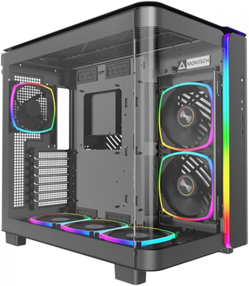 MONTECH King 95 PRO Dual-Chamber ATX Mid-Tower PC Gaming Case, High-Airflow, Toolless Panels, Sturdy Curved Tempered Glass Front, 6 ARGB PWM Fan Pre-Installed with Fan Hub, Black