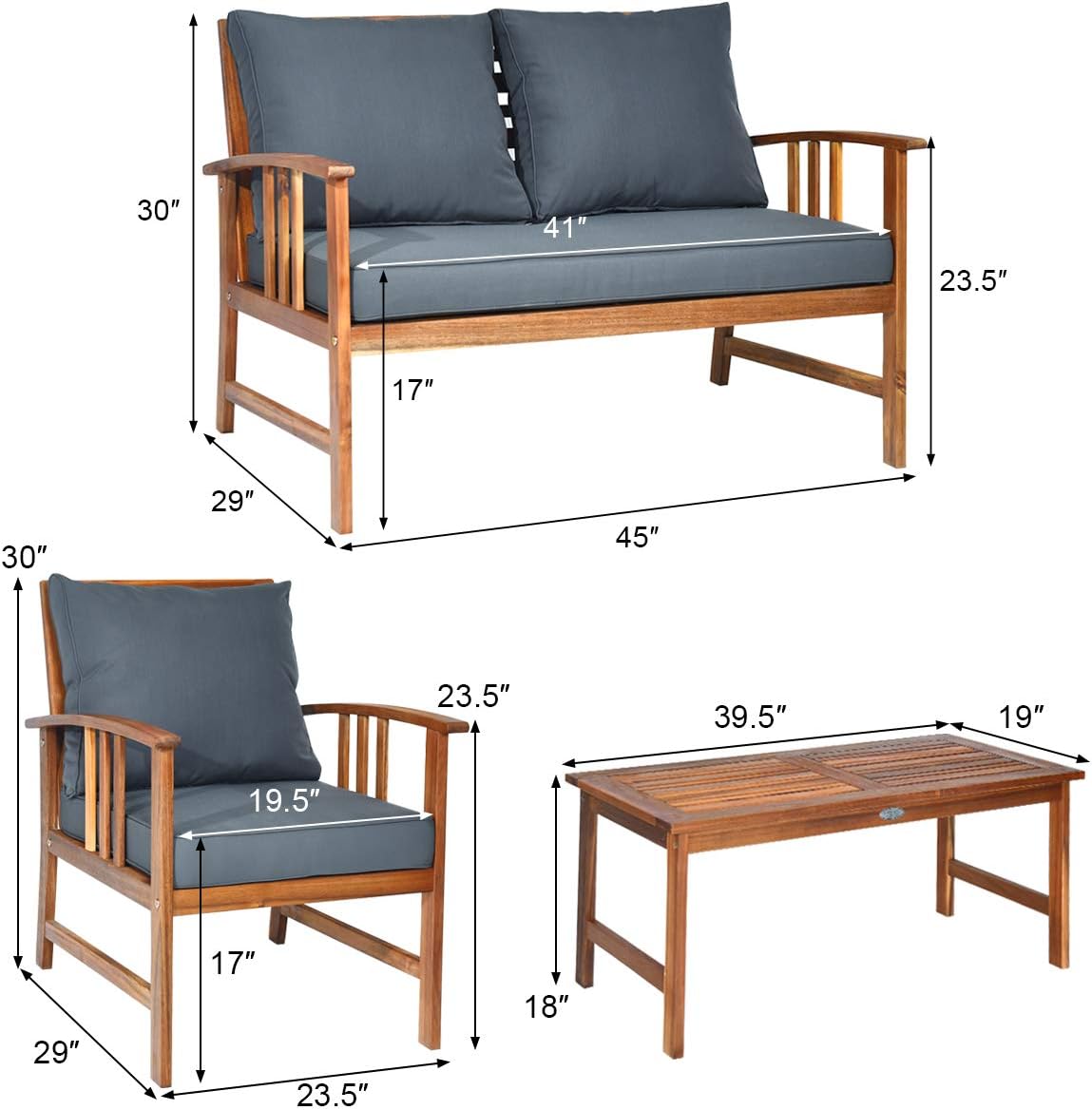 Tangkula 4 Pieces Acacia Wood Patio Furniture Set, Outdoor Seating Chat Set with Gray Cushions & Back Pillow, Conversation Set with Coffee Table, Ideal for Garden, Backyard, Poolside