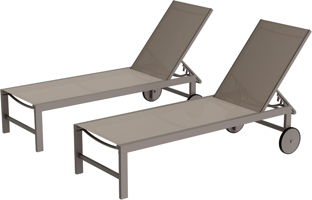Shintenchi 2 PCS Outdoor Chaise Lounges Chair with Wheels Aluminum Reclining Patio Lounge Chairs with 5 Adjustable Position Recliner for Patio, Beach, Yard, Pool Patio Furniture Set,Khaki