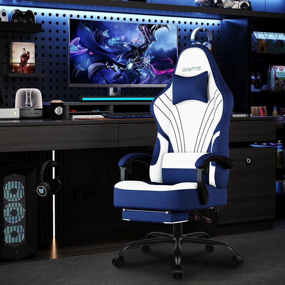 Gaming Chair, Ergonomic Computer Chair with Footrest, Big Tall PC Gamer Chair with Headrest and Massage Lumbar Support, 360° Swivel Height Adjustable Fabric Video Office Chairs for Adults (Blue)
