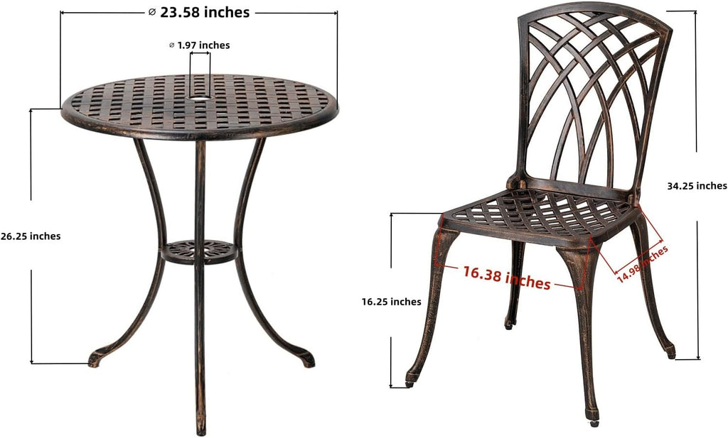 Bistro Set 3 Piece Cast Aluminum Patio Furniture Sets 2 Chairs and 1 Round Table with Umbrella Hole for Outdoor, Patio Balcony, Bronze