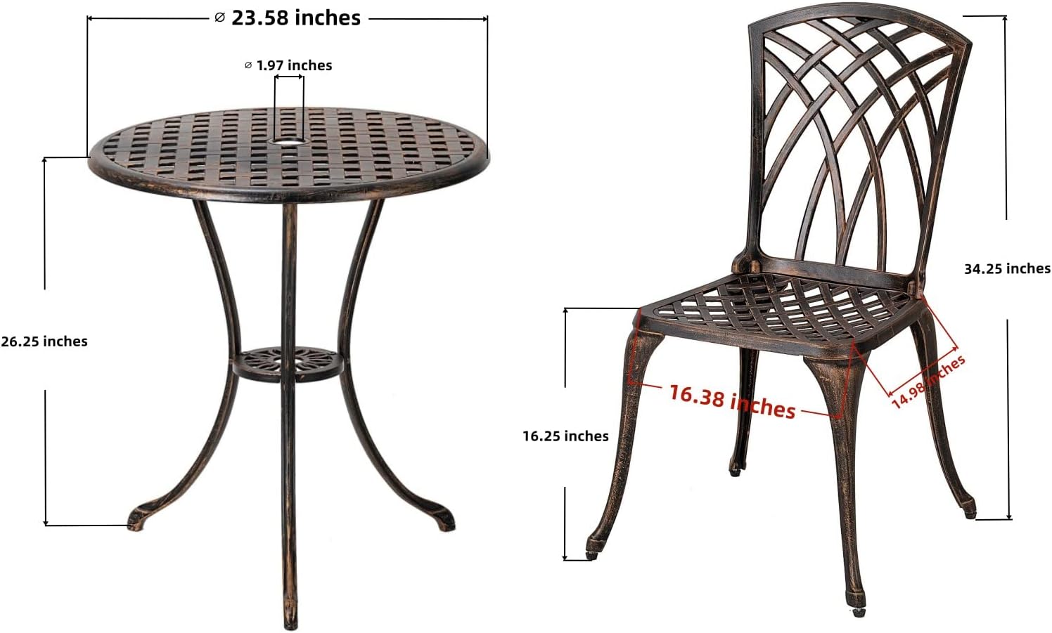 Bistro Set 3 Piece Cast Aluminum Patio Furniture Sets 2 Chairs and 1 Round Table with Umbrella Hole for Outdoor, Patio Balcony, Bronze