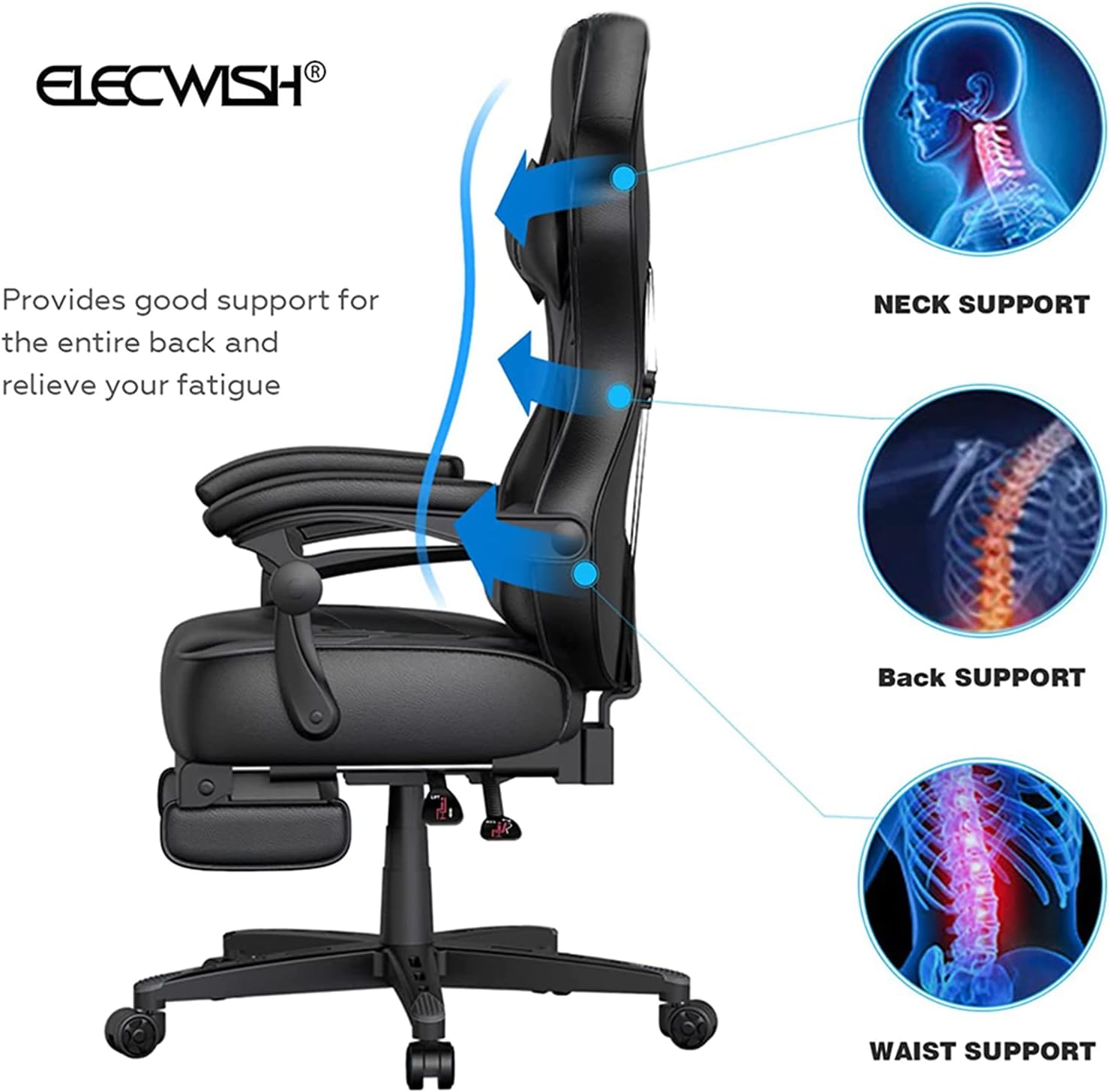 ELECWISH Gaming Chair, Reclining Computer Chair with Footrest and Lumbar Support, High Back Ergonomic for Adults with Headrest PU Leather