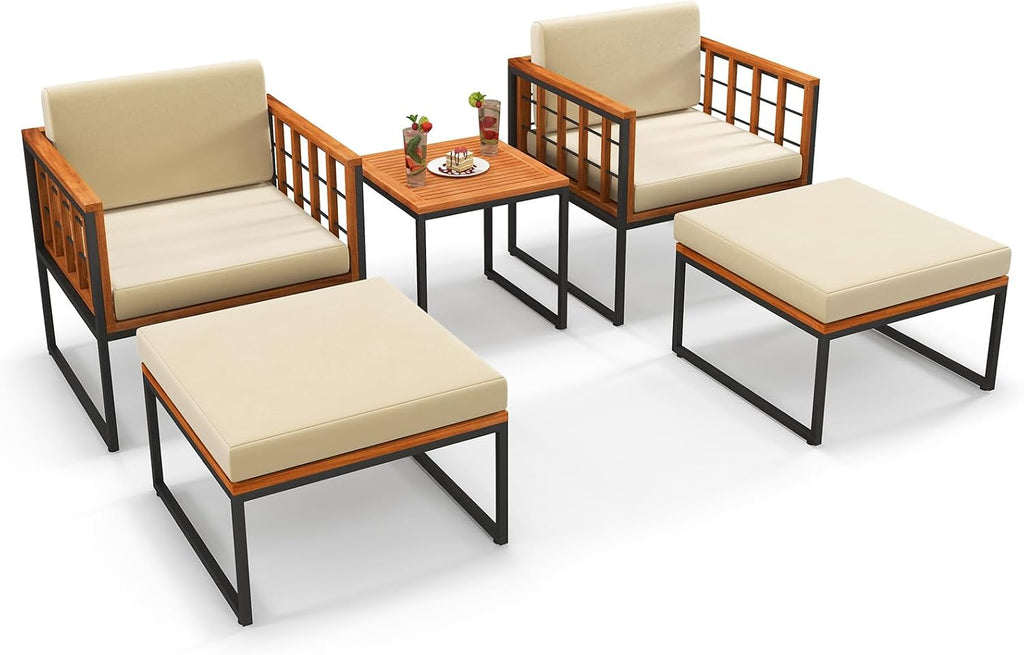 Tangkula 5 Pieces Acacia Wood Patio Furniture Set with Ottomans, Outdoor Conversation Set with Soft Cushions and Coffee Table for Poolside, Garden, Balcony and Backyard (Beige)