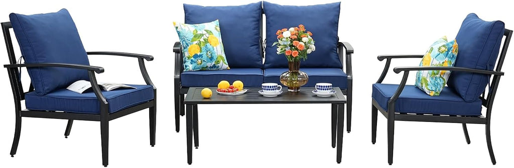 4-Piece Patio Furniture Set, Wider Outdoor Metal Seating Sofa with High Back & Loveseat, Coffee Table, All Weather Metal Conversation Set for Backyard, Poolside, Deck-Navy