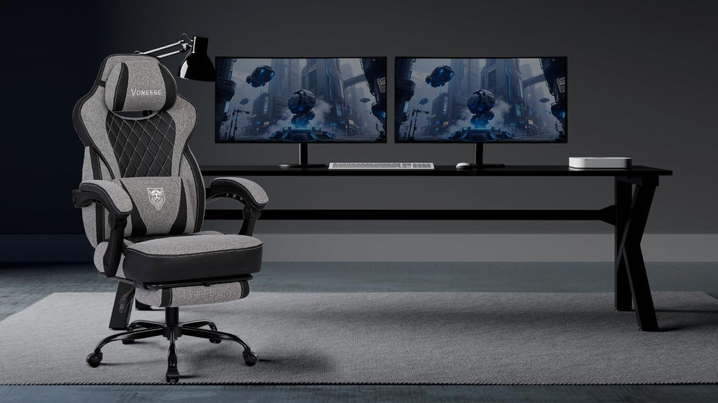 Vonesse Gaming Chair, Reclining Fabric Gaming Chairs for Adults 250LBS, Office Chair with Pocket Spring Cushion, Computer Chair with Footrest and Massage Lumbar Support (Grey)