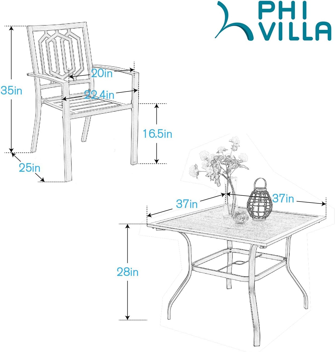 PHI VILLA 5 Piece Patio Dining Set Metal Outdoor Table and Chairs Furniture Set, 37' Square Bistro Table with Umbrella Hole and 4 Backyard Garden Chairs Support 300LBS for Deck, Lawn, Garden