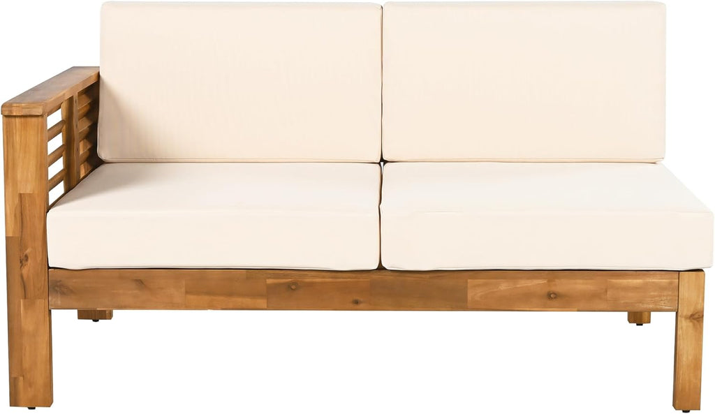 Christopher Knight Home Havets 81.25' Sectional L Shaped Sofa, 4 Pieces Acacia Wood Patio Furniture Set, Slat Coffee Table, Spacious Seat and Table Set for Backyard Garden Balcony, Teak+Beige