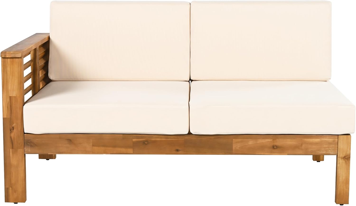 Christopher Knight Home Havets 81.25' Sectional L Shaped Sofa, 4 Pieces Acacia Wood Patio Furniture Set, Slat Coffee Table, Spacious Seat and Table Set for Backyard Garden Balcony, Teak+Beige