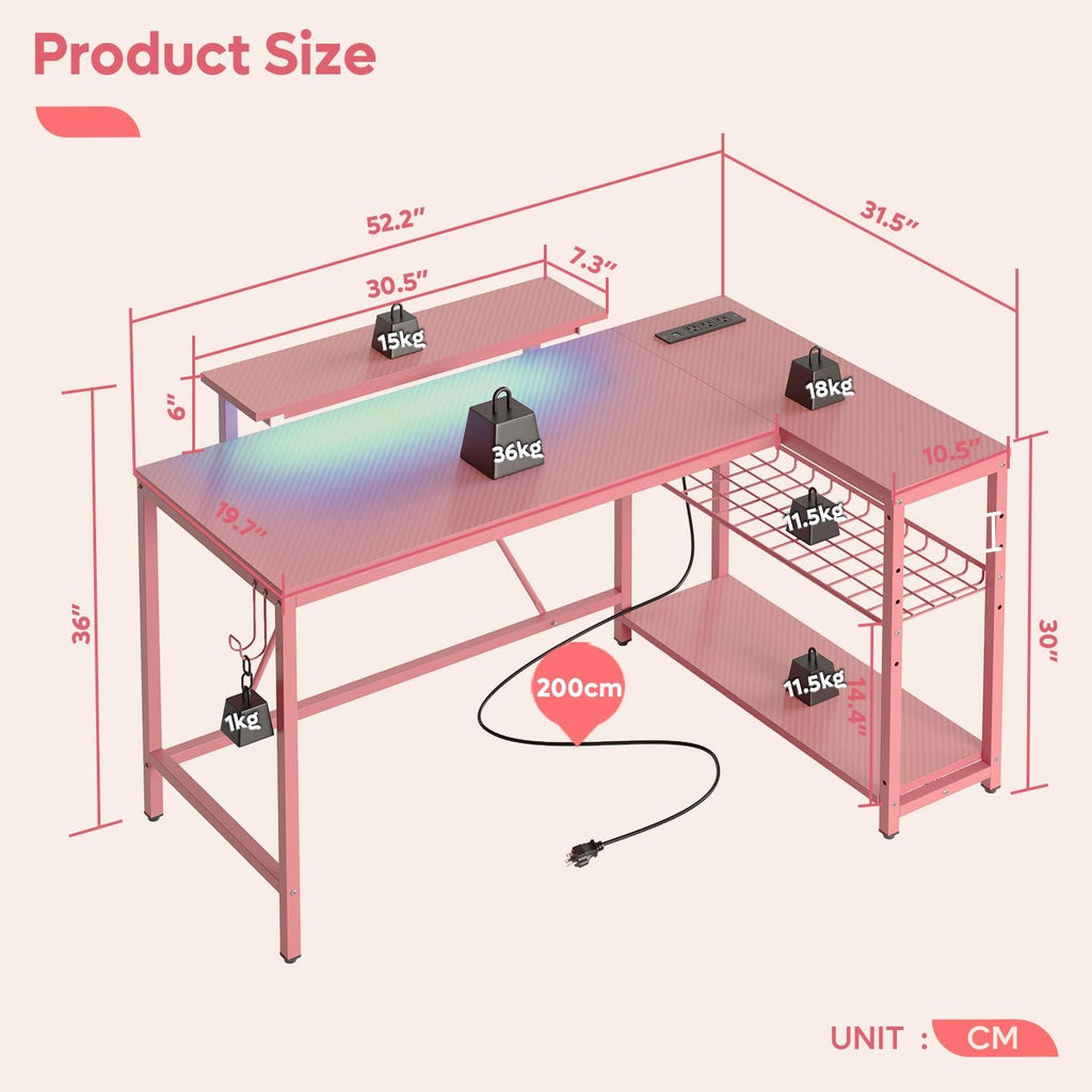 Bestier 52' Gaming Desk with Integrated Power Outlet & USB Ports, L-Shaped Computer Desk with LED Strip & Headphone Hooks, Perfect for Home Office Pink