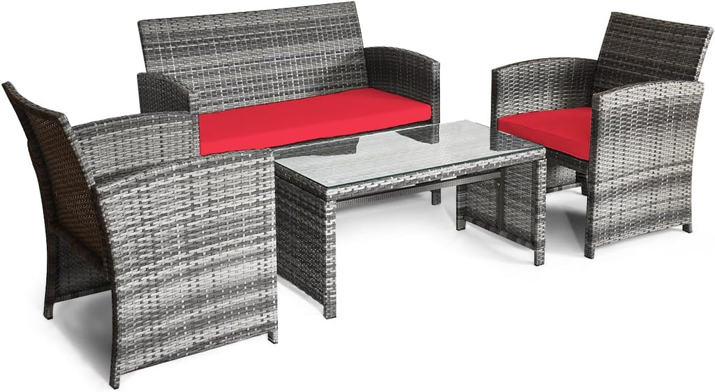 Giantex 4 Pc Patio Conversation Set, Rattan Loveseat & Patio Chairs with Cushioned Seat, Wicker Coffee Table, Outdoor Furniture Set for Front Porch Poolside Garden Lawn