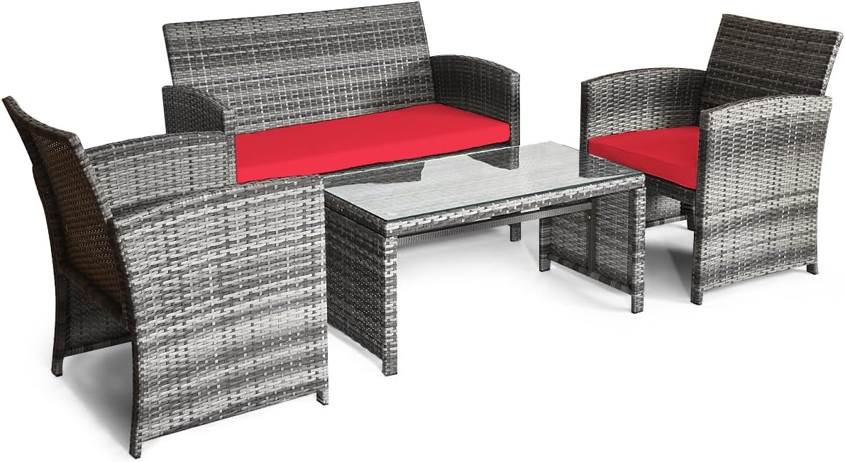 Giantex 4 Pc Patio Conversation Set, Rattan Loveseat & Patio Chairs with Cushioned Seat, Wicker Coffee Table, Outdoor Furniture Set for Front Porch Poolside Garden Lawn