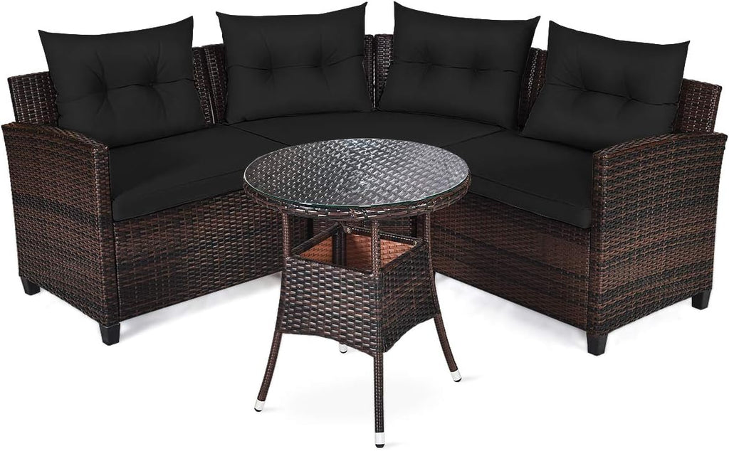 Tangkula 4-Piece C Shape Patio Furniture Set, Outdoor Corner Wicker Rattan Sectional Cushioned Sofa Set, with Glass Coffee Table, for Garden Poolside Balcony (Black)