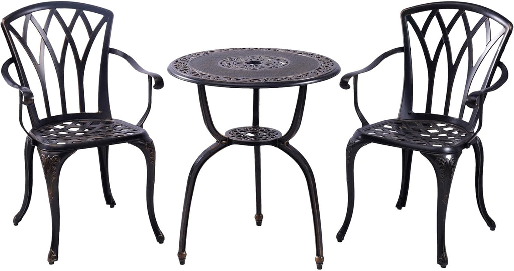 C/G Bistro Set 3 Piece Outdoor Cast Aluminum Patio Bistro Set with Umbrella Hole and Armrests,Outdoor Bistro Table Set,Patio Furniture Set Front Porch Set for Yard Garden Villa (Copper)