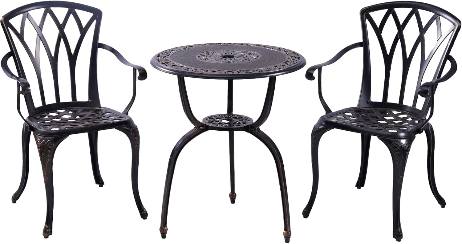 C/G Bistro Set 3 Piece Outdoor Cast Aluminum Patio Bistro Set with Umbrella Hole and Armrests,Outdoor Bistro Table Set,Patio Furniture Set Front Porch Set for Yard Garden Villa (Copper)
