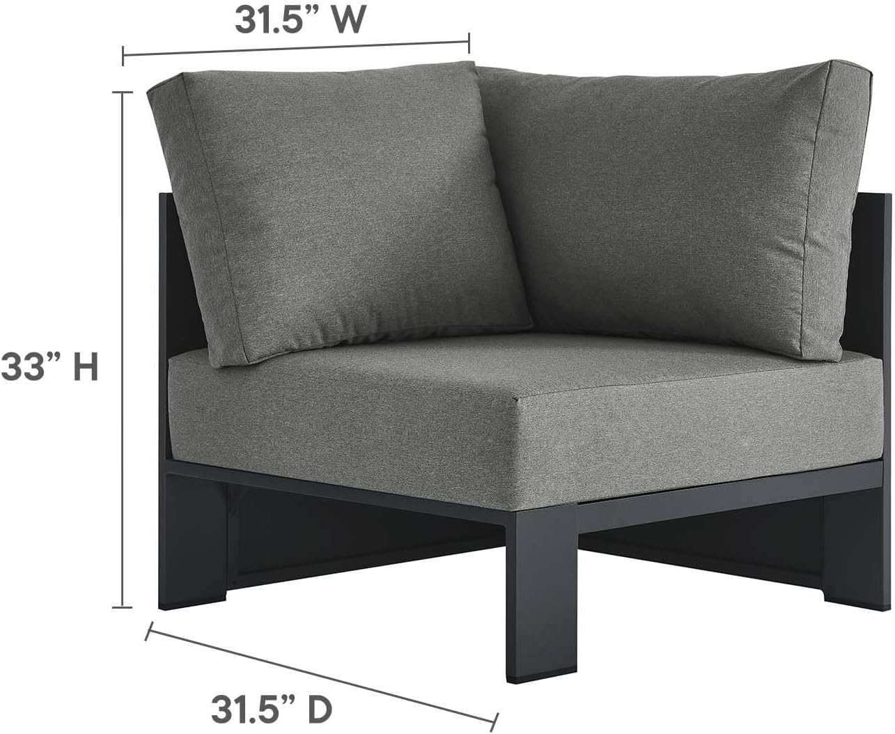 Modway Tahoe Aluminum 3-Piece Outdoor Patio Furniture Gray Charcoal, Modular Sectional Sofa Set with Weather-Resistant Cushions, Ideal for Deck, Backyard Poolside