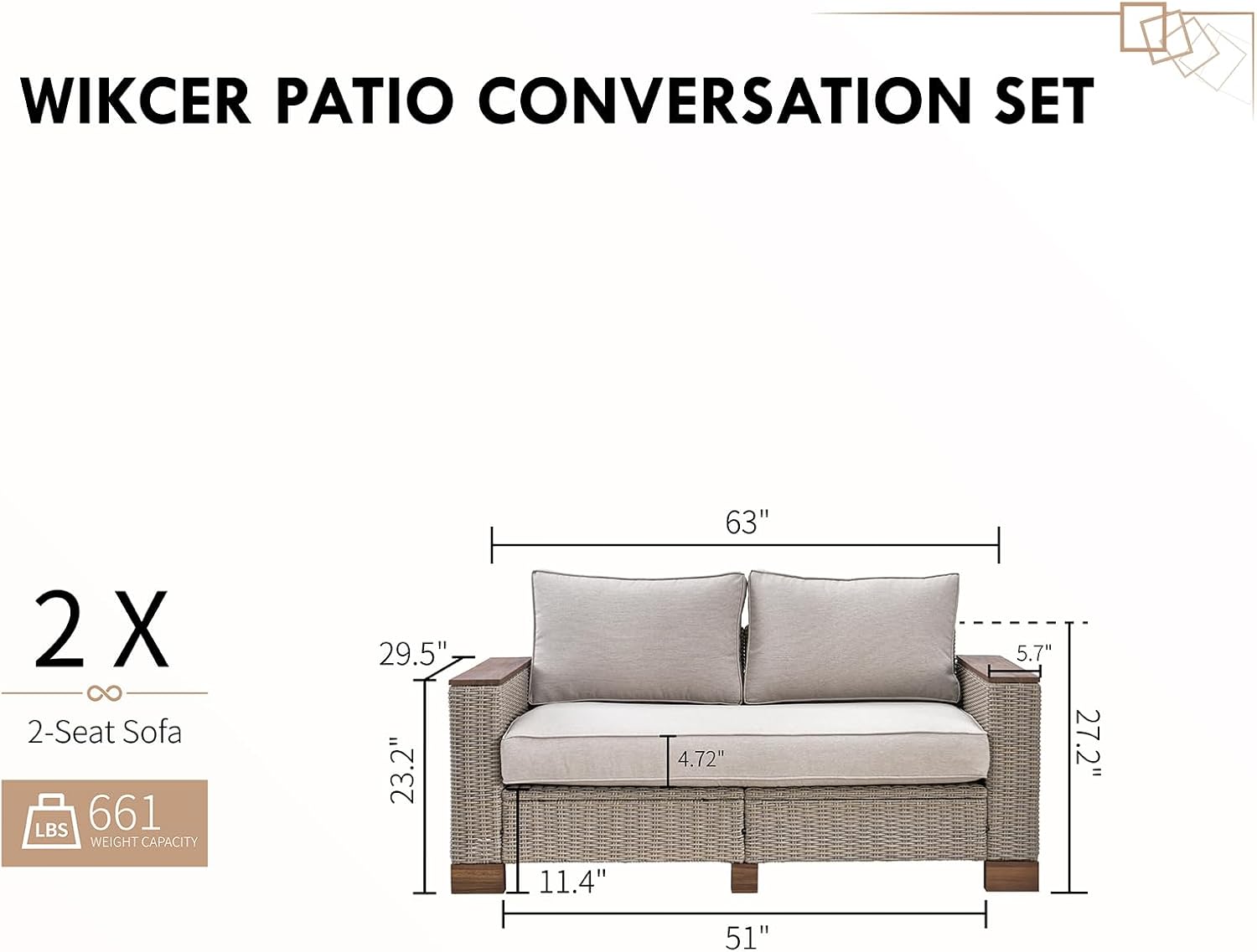 PaPaJet 4-Piece Wicker Patio Furniture Set with Solid Wood Armrest, Outdoor Patio Set with Thick Legs, UV-Resistant Modular Outdoor Sectional Sofa for Backyard, Porch, Garden