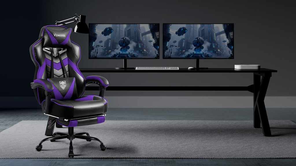 Vonesse Gaming Chair, High Back Gaming Chair with Footrest and Massage, Gaming Chairs for Adults with Pocket Spring Cushion, Big and Tall Reclining Computer Chair with Lumbar Support (Purple/Black)