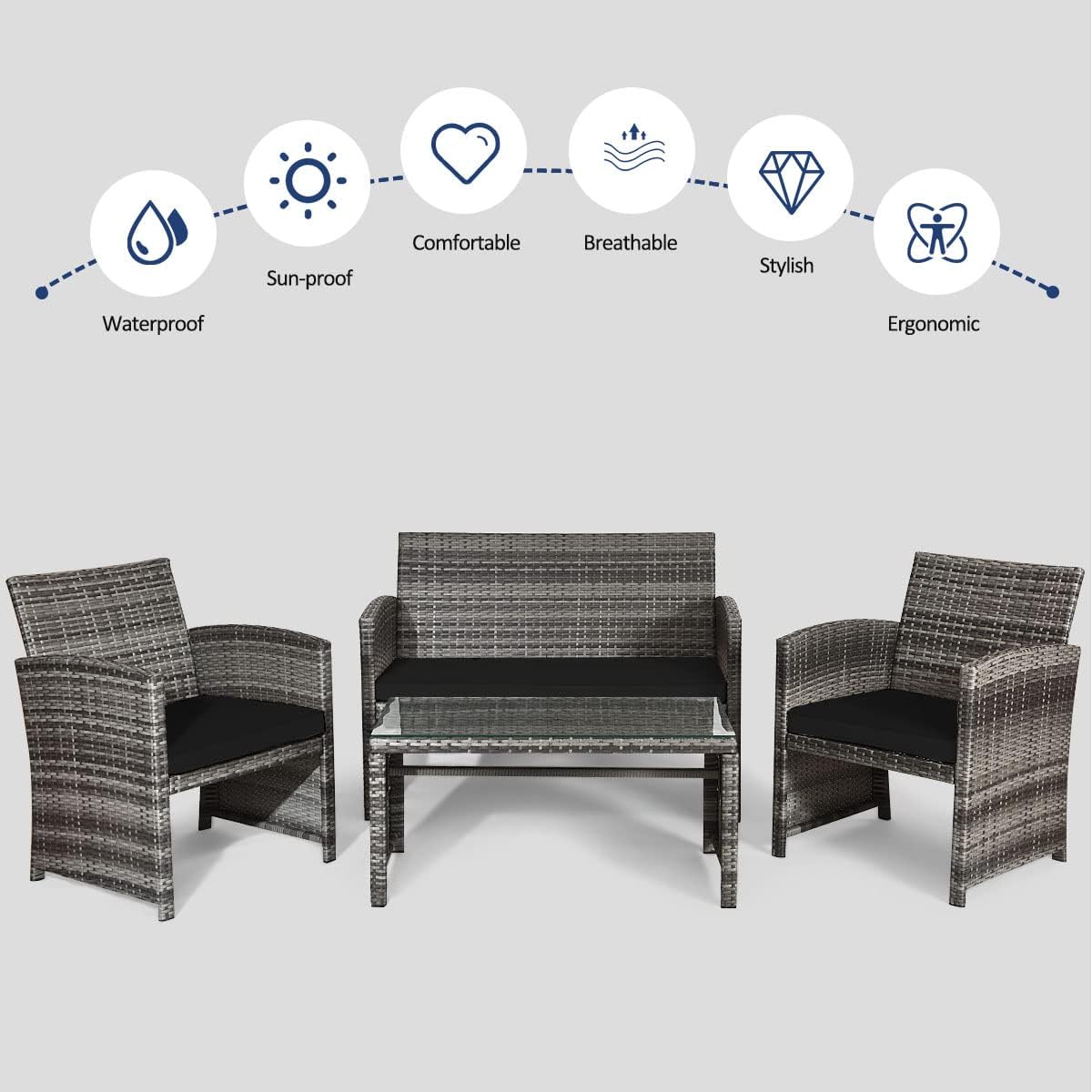COSTWAY Patio Furniture Set 4 Pieces, Outdoor Wicker Chairs Sofa w/Coffee Table and Soft Cushions, Rattan Conversation Sets for Patio Lawn Backyard Yard Pool Garden, Black